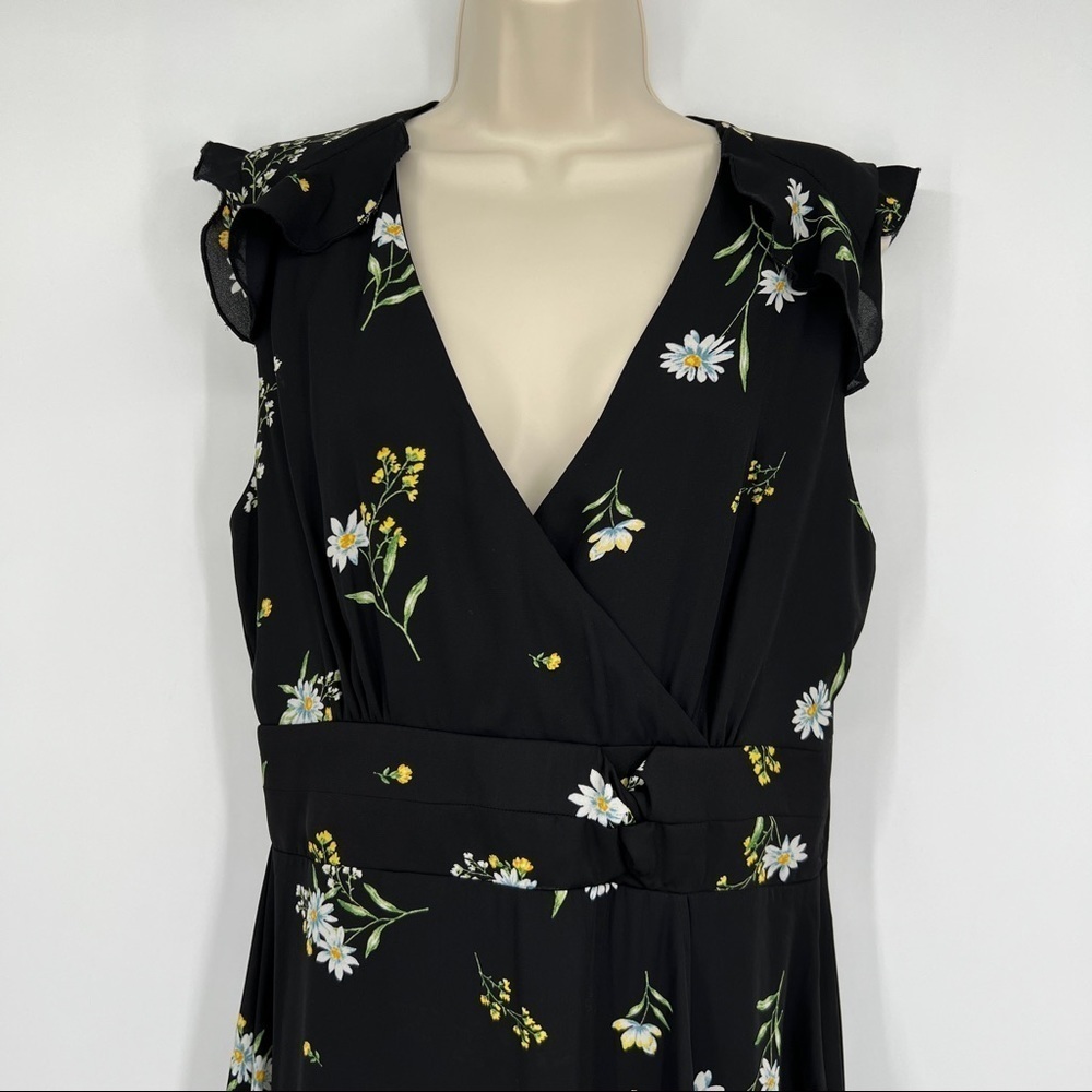 Socialite Floral Black Surplice Wrap Front Ruffle Cap Sleeve Banded Waist Dress - Picture 2 of 13